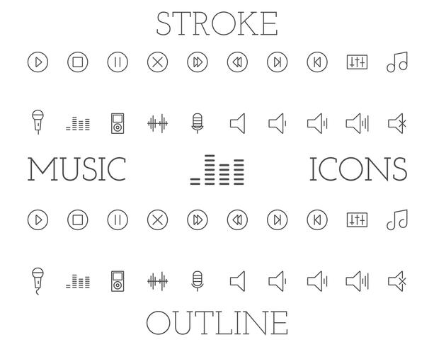 Conjunto de iconos de contorno y trazo de música, diseño de línea delgada simple. Aislado en el fondo blanco Vector