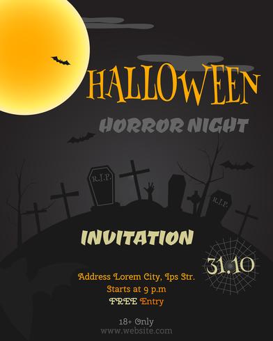 Cartel fiesta de halloween feliz, flyer, banner. Tarjeta de estilo noche de terror. Truco o trato. Con zombies, murciélagos de la luna y otros elementos de halloween. Vector