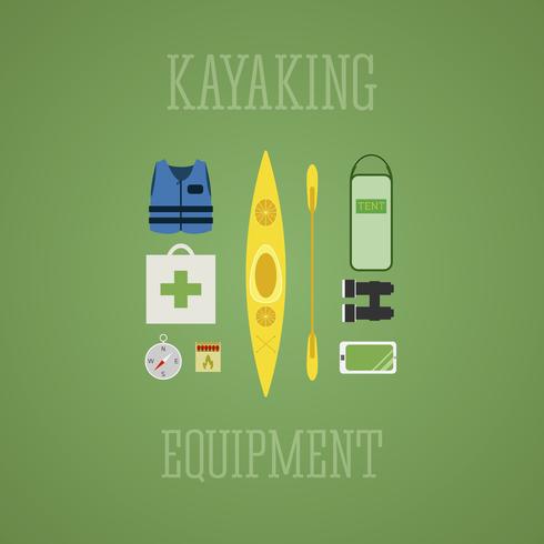 Kayaking equipment icons set. Kayak illustration on a multicolor design. With tent, compass, mobile device, binoculars, life jacket, matches and medicine chest vector