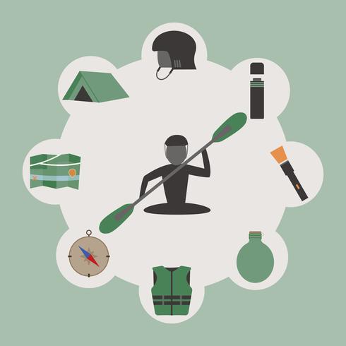 Outdoor infographics. Camping and kayaking. Unusual round design on green background. Summer elements vector