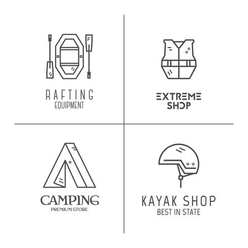 Colección de logotipos de rafting minimalista, etiquetas o distintivos de línea. Aventura al aire libre, diseño monocromo. Mejor para la tienda de equipos, camping, travek sitio, blog, publicidad, folleto, banner, cartel. Vector