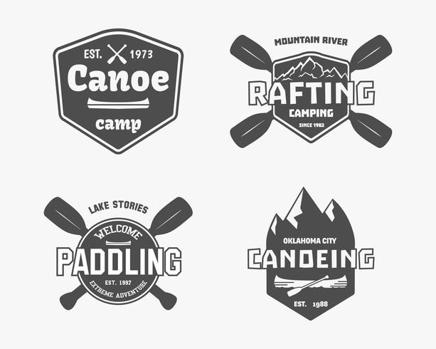 Conjunto de rafting vintage, kayak, logo del campamento de piragüismo, etiquetas y distintivos. Elegante diseño monocromo. Tema de actividad al aire libre. Vector