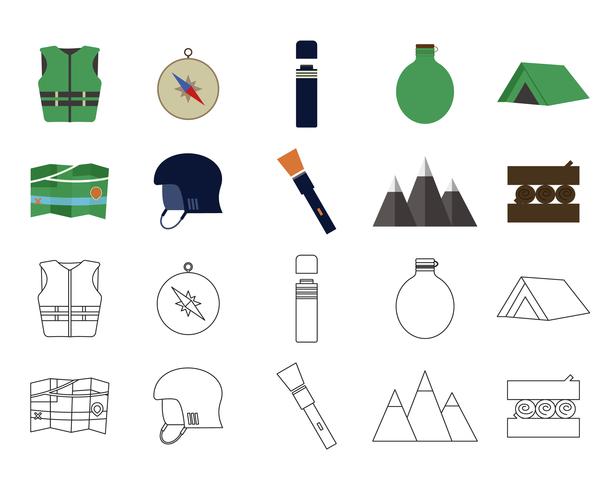 Set of flat adventure traveling icons. Camping elements. Flat and thin line design. Outdoor activity style. Hiking, backpacking and mountain tourism. Vector