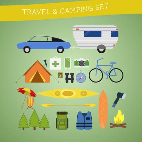 Bright cartoon travel and camping equipment icon set in vector. Recreation, vacation and sport symbols. Flat design vector