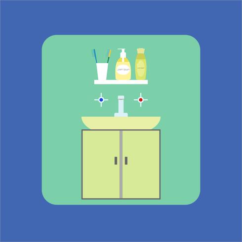 Ícono interior de baño. Lavabo. Jabón, gel de ducha y cepillo de dientes. Vector