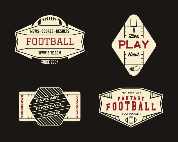 Insignia de equipo o liga geométrica del campo de fútbol americano, logotipo del sitio deportivo, etiqueta, conjunto de insignias. Diseño gráfico vintage para camiseta, web. Impresión colorida aislada en un fondo oscuro. Vector