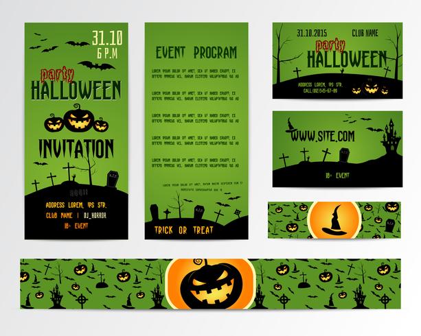 Conjunto de tarjetas de felicitación de halloween feliz, folleto, banner. Ilustracion vectorial Diseño de invitación de fiesta con emblema. Plantilla tipográfica. etiqueta de halloween diseño de la cubierta. Noche de terror. vector