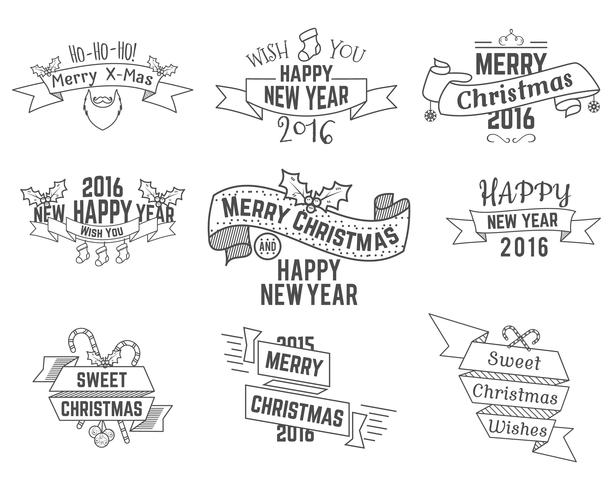 Christmas, New Year and Winter wishes ribbons collection with holiday symbols, elements for web, inspiration presentation, app etc. Stylish monochrome design. Vector