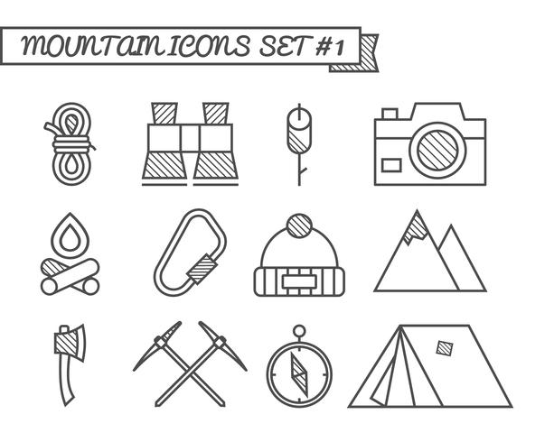 Conjunto de camping, iconos de viaje, estilo de línea fina, diseño plano. Tema de escalada de montaña con carpa turística, hacha y otros elementos de equipamiento. Aislado en el fondo blanco Vector