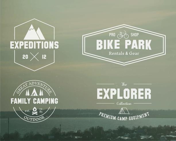 Set of Summer explorer, family camp badge, logo and label templates. Travel, hiking, biking style. Outdoor. Best for adventure sites, travel magazine etc. On blurred vintage background. Vector