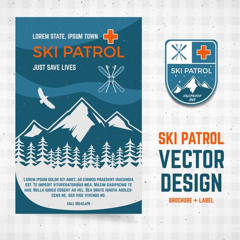 Ski patrol vector brochure and label. The camp concept of flyer for your business, web sites, presentations, advertising etc. Quality design illustrations, elements. Flat outdoor style. Banner design