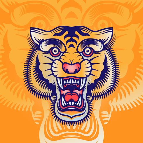 Vieja escuela, tigre, cabeza, tatuaje, ilustración vector