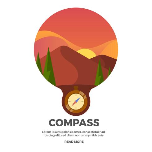 Flat Compass With Landscape Background Vector Illustration