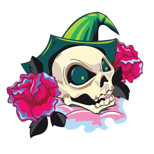 Illustration of Skull in Witch Hat and Rose with New Skool Tattoos Style vector