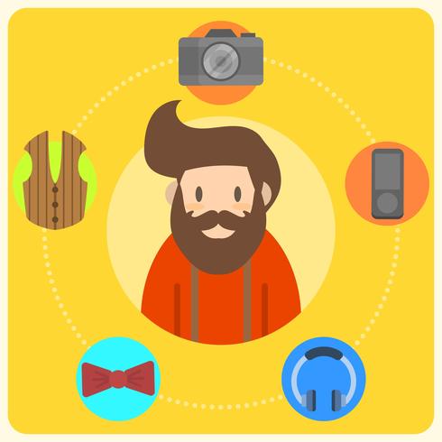 Carácter plano de hipster y elementos con la moderna ilustración de Vector de fondo limpio