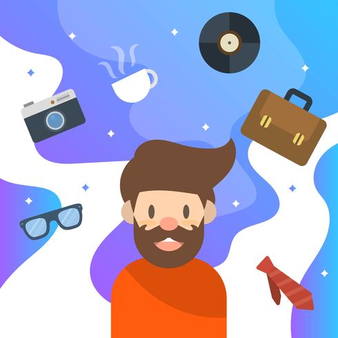 Carácter plano de hipster y elementos con la moderna ilustración de Vector de fondo limpio