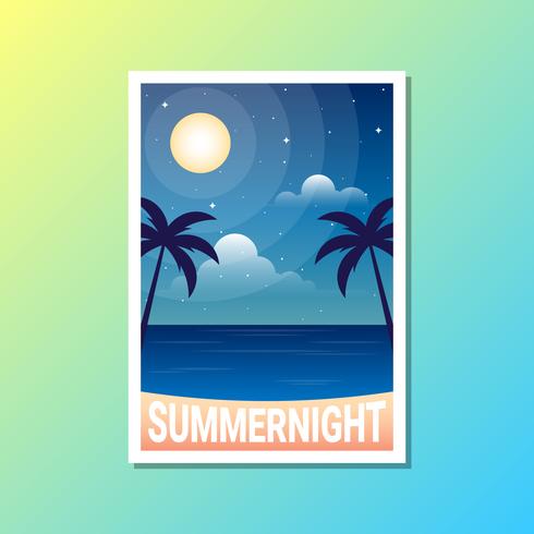 Night Summer Time Landscape Palm Tree Beach Badge Design Label Illustration