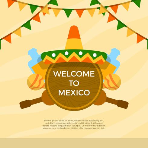 Sombrero plano y elementos mexicanos con la ilustración de Vector de fondo