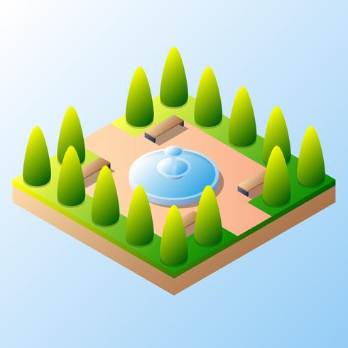 Fuente de agua isométrica en la ilustración del parque vector