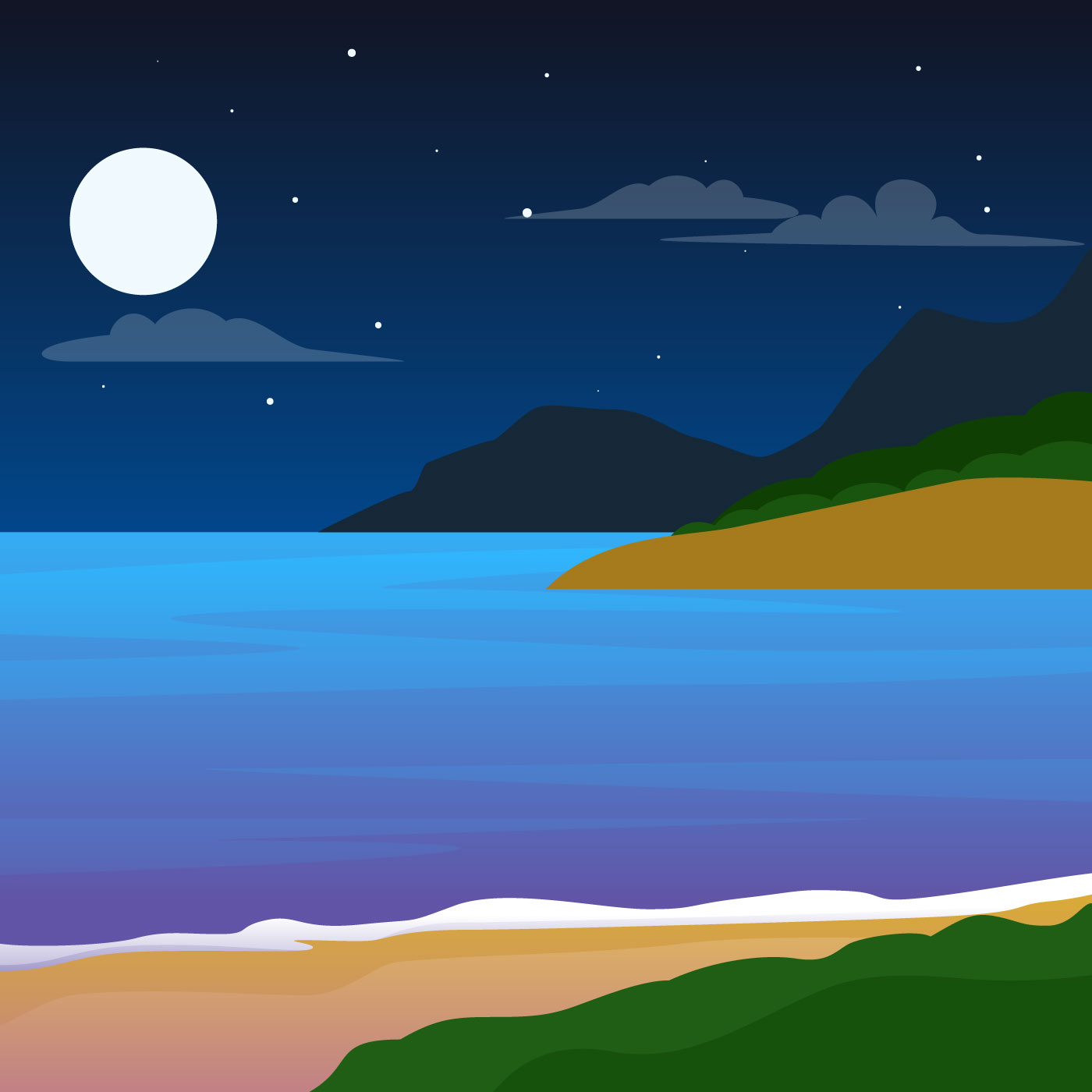 Мультяшная ночь картинки. Мультяшный пейзаж ночью. Векторный пейзаж море. Векторный морской пейзаж. Морской пейзаж вектор.