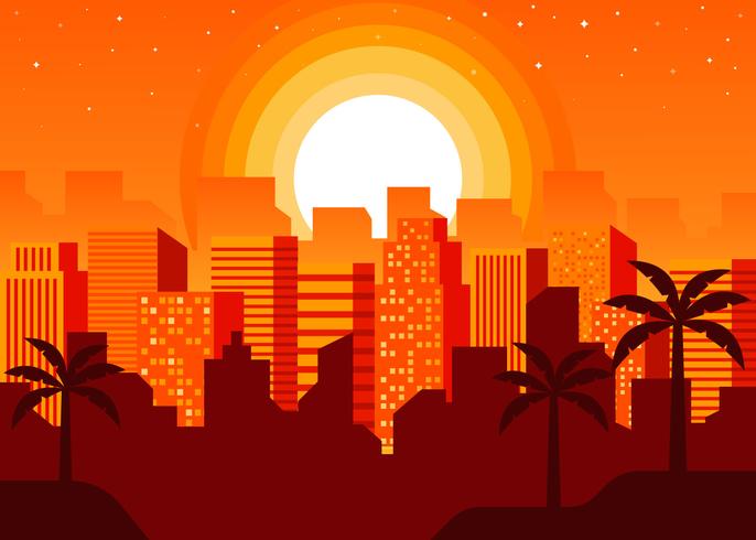 Paisaje urbano en Sunset Vector Illustration