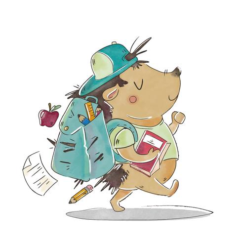 Cute Hedgehog Character Wearing Bag, Walking to go to School vector
