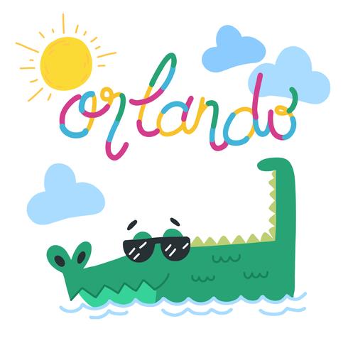 Cute Alligator Wearing Sun Glasses With Sun And Clouds vector