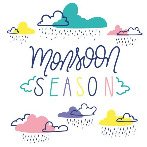 Ilustración de temporada Moonson con nubes de colores vector