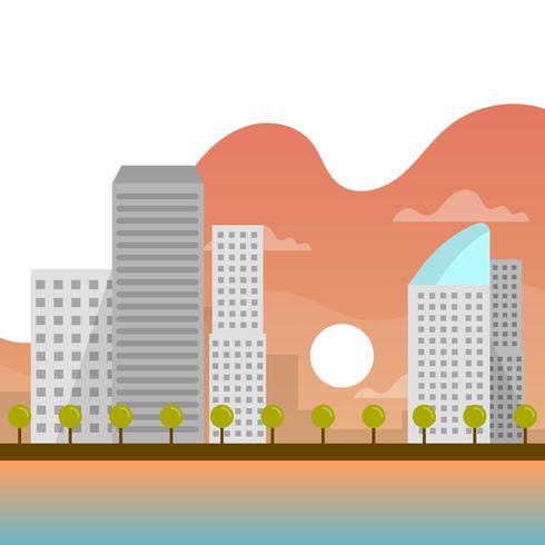 Puesta de sol plana del paisaje urbano con ilustración de vector de fondo degradado