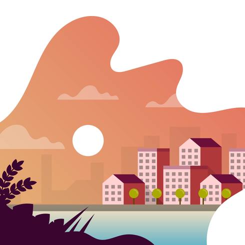 Puesta de sol plana del paisaje urbano con ilustración de vector de fondo degradado