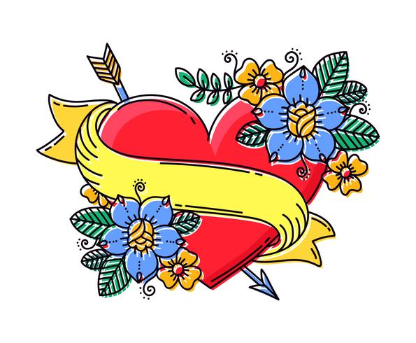 Heart RetroTattoo With Ribbon And Flower vector