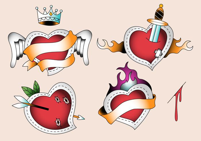 Ilustración de vector de plantilla de tatuaje retro corazón fresco