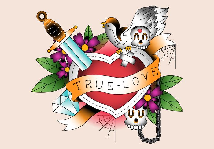 Decorative Retro Heart True Love Tattoo Vector Illustration