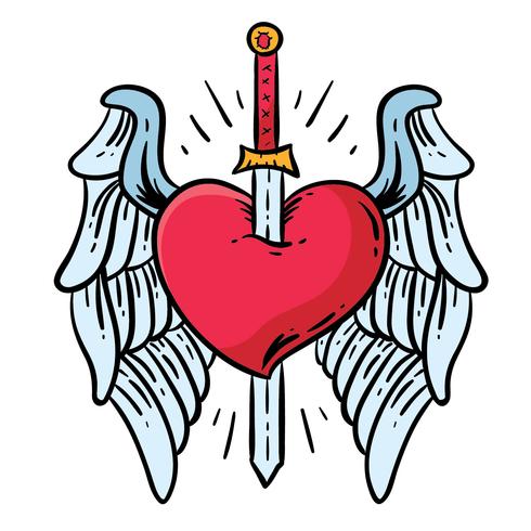 Alas corazón y espada tatuaje vector