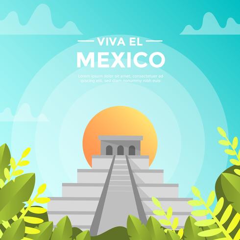 Flat Viva El Mexico Chichen Itza With Gradient Background Vector Illustration