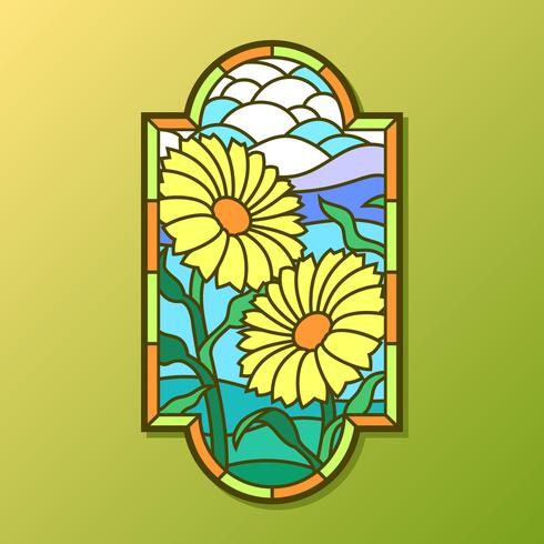 Vector de ventana de vidrieras de flor de sol