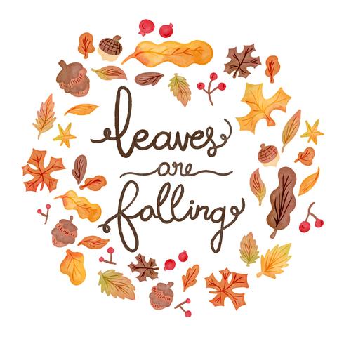 Cute Watercolor Autumn Elements Falling With Lettering vector