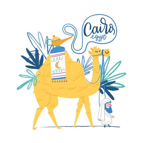 Cute Camel With Egyptian Man Walking vector