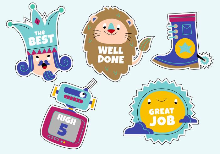 Funny Cartoon Character Teacher's Reward Sticker Set Vector Illustration