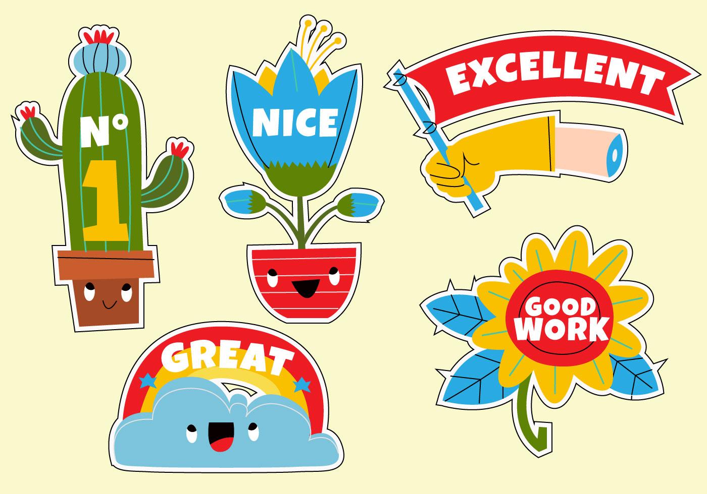 Funny Cute Cartoon Teacher's Reward Sticker Set vector Illustration