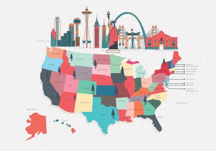 Colorful United States Landmark Map Vector