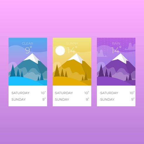 Pantallas de aplicaciones de clima plano con ilustración de Vector de fondo degradado