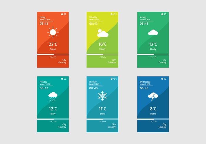 Plantilla de Vector de pantallas de aplicaciones meteorológicas