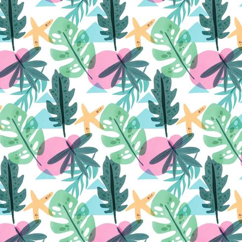 Botanical Pattern With Leaves, Star And Colorful Shapes vector