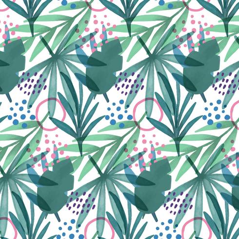 Cute Tropical Pattern Wth Leaves, Branches And Geometric Shapes vector