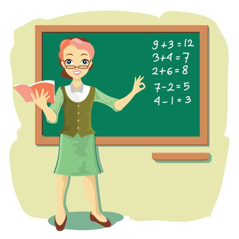 Teacher at Blackboard explica Matemáticas para niños vector