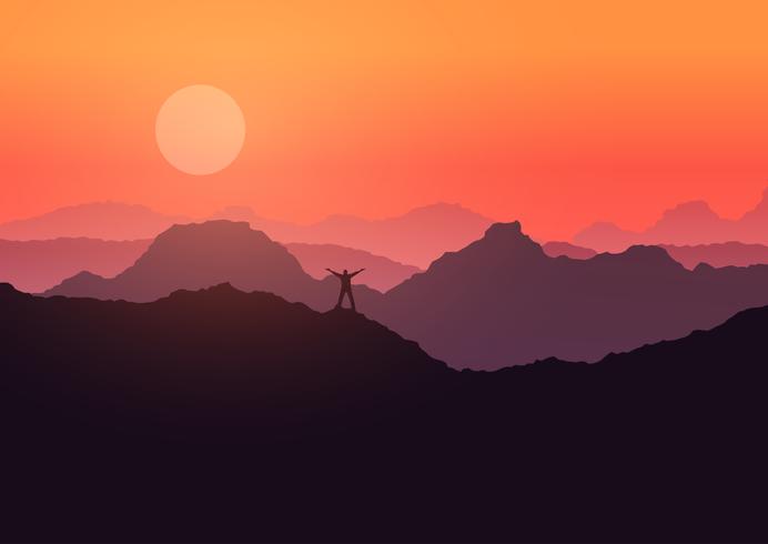 Man stood on mountain landscape at sunset  vector