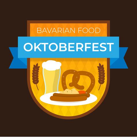 Comida bávara plana para la insignia de Oktoberfest con la ilustración del vector del fondo del gradiente