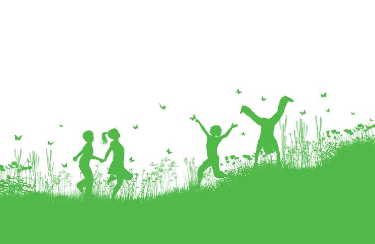 Children playing in grass and flowers vector