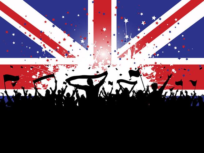 Football crowd with banners and flags on union jack vector